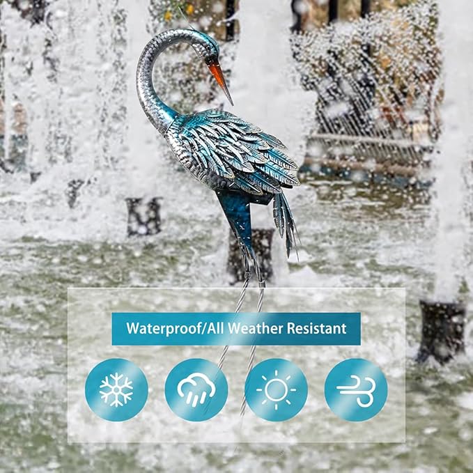 37 Inch Blue Heron Crane Statue, Metal Yard Art Outdoor Decoy, Garden Sculpture for Lawn/Pond Decoration, 1Pc, ORTBL-CR24053A-18