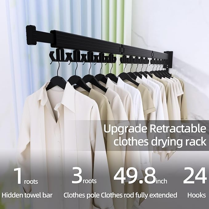 Clothes Drying Rack, Wall Mounted Laundry Drying Rack, Upgrade 3-Fold Foldable Collapsible Retractable Clothing Drying Rack with 12 Dual Hooks Organization for Laundry Room Indoor- Black