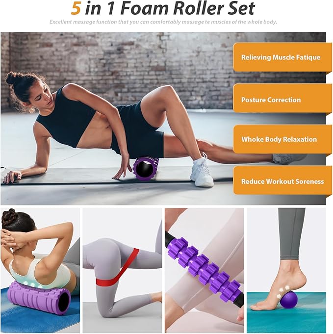 5 in 1 Foam Roller Set for Deep Tissue Muscle Massage, High Density Trigger Point Fitness Patented Exercise Foam Roller, Massage Roller, Massage Ball, Resistance Band, for Whole Body(Purple)