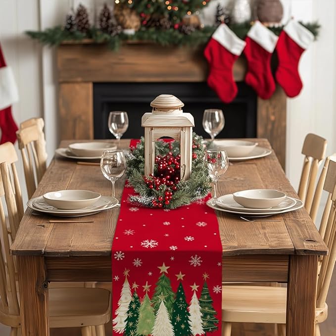 GEEORY Christmas Table Runner 13x48 Inch, Xmas Trees Snowflakes Holiday Decorative Farmhouse Table Decoration for Kitchen Dinning, Indoor Outdoor Dinner Party Decor (Red) GT150-48