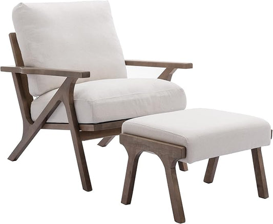 chairus Mid-Century Modern Accent Chair with Ottoman, Linen Fabric Armchair with Wood Legs Comfy Upholstered Single Sofa Chair for Living Room/Bedroom/Lounge, White