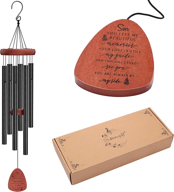 Memgift Memorial Wind Chime for Loss of Son - Outdoor Sympathy Gift for Bereavement - 32 Inch Remembrance Chime - Garden, Patio & Yard Wind Chimes for Loved One
