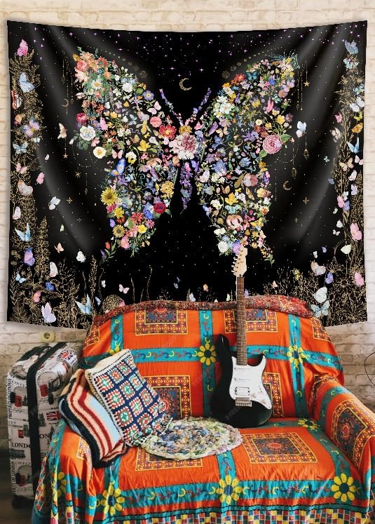 Damanse Butterfly Tapestry Wall Hanging Cute,Boho Wall Tapestry for Bedroom Aesthetic,Flower Living Room Decor for Teen Girls (Black, 49.20" x 59.10")