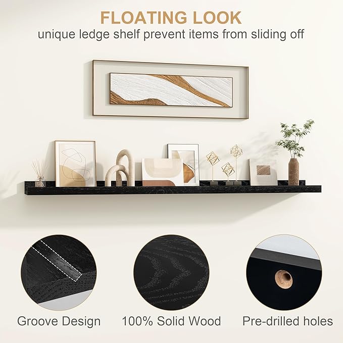 Floating Picture Ledge Shelves 24 Inch Solid Oak Wood Set of 2, Rustic Wall Storage Shelves with Lip, Kids Bookshelf, Photo & Picture Ledge Shelves for Bedroom, Living Room, Kitchen