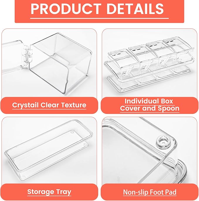 Clear Seasoning Box, 4 Piece Seasoning Rack Spice Pots, Plastic Storage Container Condiment Jars with Lids and Spoon, Storage Container Spice Jar for Salt Sugar Tea Herbal Coffee Beans