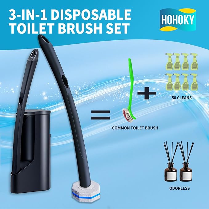 Disposable Toilet Brush with 50 Wand Cleaner Refills Pads，Wall Mounted Toilet Bowl Holder Set，Toilet Cleaning System Starter Kit，Bathroom Cleaning System for Sink Bathtub Wash Basin