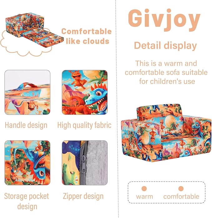 Toddler Chair Kids Couch, 2-in-1 Toddler Soft Sherpa Couch Fold Out Armchair with Removable Cover, Convertible Reading Chair Toddler Sofa for Kids, Orange Dinosaur