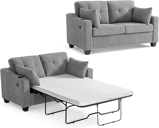 CHIC HOUSE Pull Out Sofa Bed, Full Size Sleeper Sofa, 2-in-1 Convertible Corduroy Couch with USB Charging, Memory Form Couch for Living Room, Apartment and Small Space (Grey, Corduroy - Full Size)