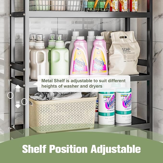 Dryer Storage Shel andf Over The Washer - Adjustable 4-Tier Heavy Duty Laundry Room Organizer, All Carbon Steel Standing Shelf with Hanging Rod, Anti-Tip Design, Super Stable 29.93" L x 11" D x 73" H