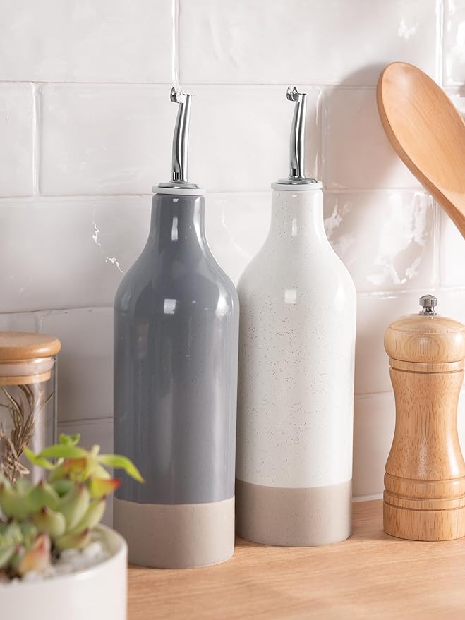 famiware Milkyway 16oz Ceramic Olive Oil Dispenser Bottle, Olive Oil and Vinegar Dispenser Bottle Set of 2 with Stainless Steel Pourers, Suitable for Storage Vinegar, Liquids, White and Dark Gray