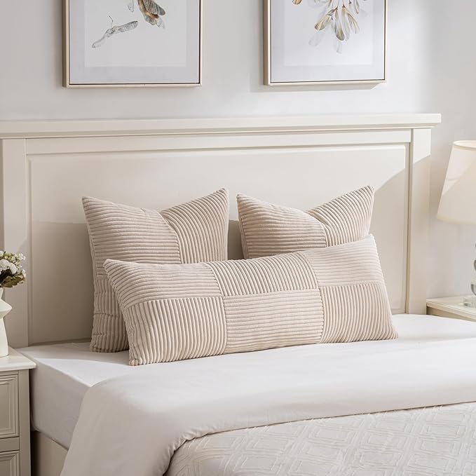 Fancy Homi 2 Packs Tan Decorative Throw Pillow Covers 20x20 Inch for Living Room Couch Bed Sofa, Farmhouse Boho Home Decor, Soft Corss Corduroy Patchwork Accent Square Beige Cushion Case 50x50 cm