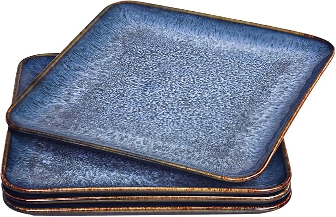 Ceramic Dinner Plates Dish Set, Set of 4, Microwave Oven and Dishwasher Safe, Scratch Resistant, Dinnerware Kitchen Porcelain Serving Dishes Blue, 9 inch Square plate