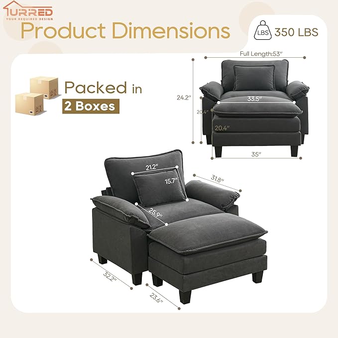URRED Modular Sectional Sofa Comfy Cloud Couch, Modern Chenille Sofa Sleeper Deep Seat Couches with Ottoman/Pillows for Living Room (Dark Gray, 53''- Ottoman)