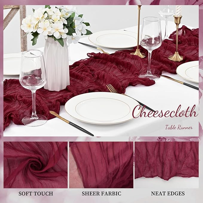 Burgundy 20 Pack Cheesecloth Table Runner 10FT Rustic Gauze Cheese Cloth Table Runner for Wedding Bridal Baby Shower Table Decor 20 x 120 Inch Long Boho Fabric Sheer Birthday Party Table Decorations