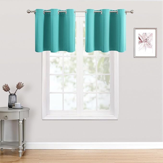 ChrisDowa Small Kitchen Valances for Windows - Grommet Short Thermal Insulated Room Darkening Window Valances Curtains for Living Room (2 Panels, Teal, 52 x 18 Inch)
