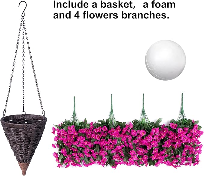 Artificial Fake Hanging Flowers Plants Baskets for Outdoor Outside Decoration, Faux Silk UV Resistant Realistic Fuchsia Morning Glory Planter for Home Porch Patio Balcony Garden Yard