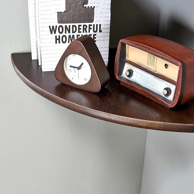 Corner Shelf, Solid Oak Wood Floating Corner Shelf Wall Mount Round End Floating Speaker with Wire Hole for Small Plant Photo for Bedroom Kitchen, Living Room