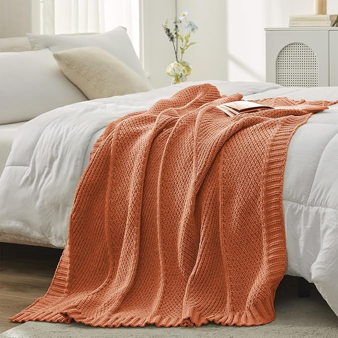 Amélie Home Chenille Knit Throw Blanket for Couch, Chevron Texture Decorative Soft Blanket for Sofa, Bed & Chair, 50"x60", Burnt Orange