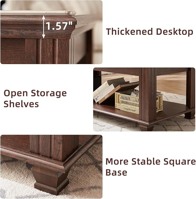 Farmhouse Coffee Tables for Living Room,Square Living Room Tables with Open Storage Shelf,Large Modern Coffee Table,Rustic Brown Center Table,Walnut