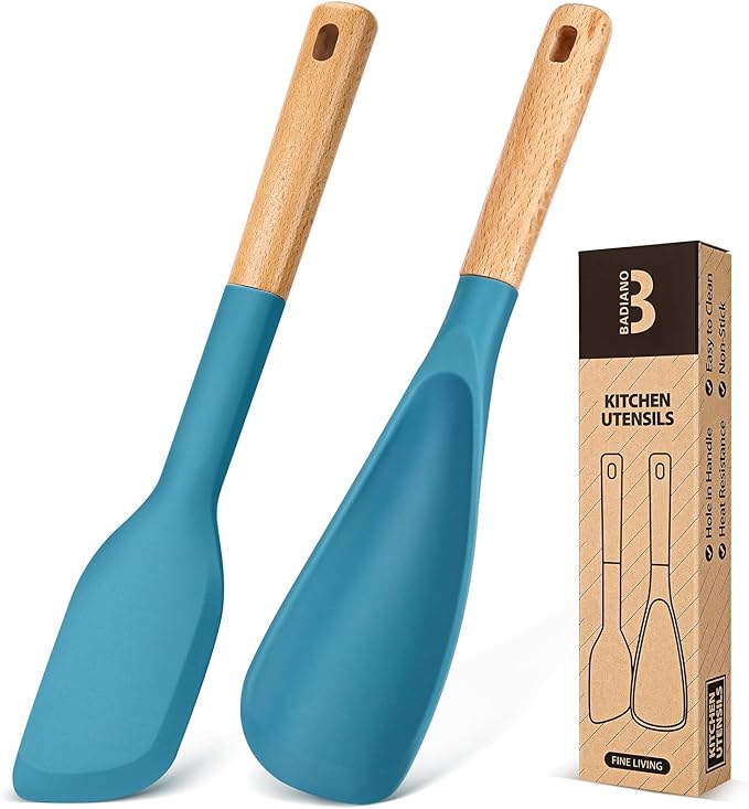 Cooking Spoon and Scraper for Nonstick Cookwares, Great for Cooking and Serving Durable BPA-Free Matte Silicone, Wood Handle Multifunction Spoon for Mixing, Scoop, and Scrape (BLUE)