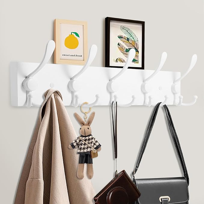 2pcs Coat Rack Wall Mount Coat Hooks Wooden Hat Rack for Wall Hooks Pine Real Wood Plank 16.9" White Coat Hanger with 5 White Triple Hooks for Hanging Coat Hat Jacket