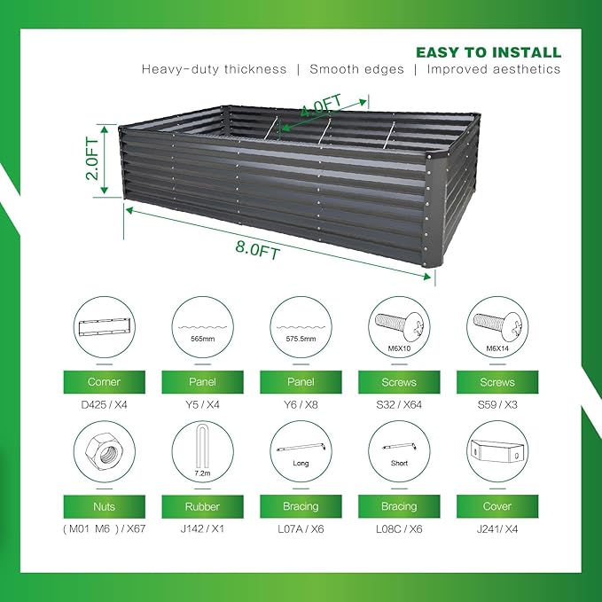 GARDMAX 8x4x2FT Galvanized Raised Garden Bed Kit, Metal Planter Boxes Outdoor with Easy Assembly, Large Garden Bed for Vegetables, Fruits, Flower, Herbs Rectangle Dark Gray