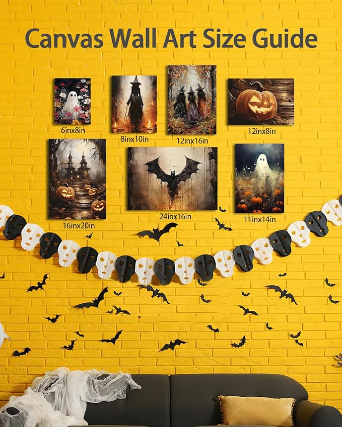 Halloween Canvas Wall Art,Vintage Cute Ghost & Wildflowers Framed Poster, Spooky Fall Decorations for Indoor, Gothic Dark Academia Wall Decor, Funny Halloween Decorations for Living Room Bedroom