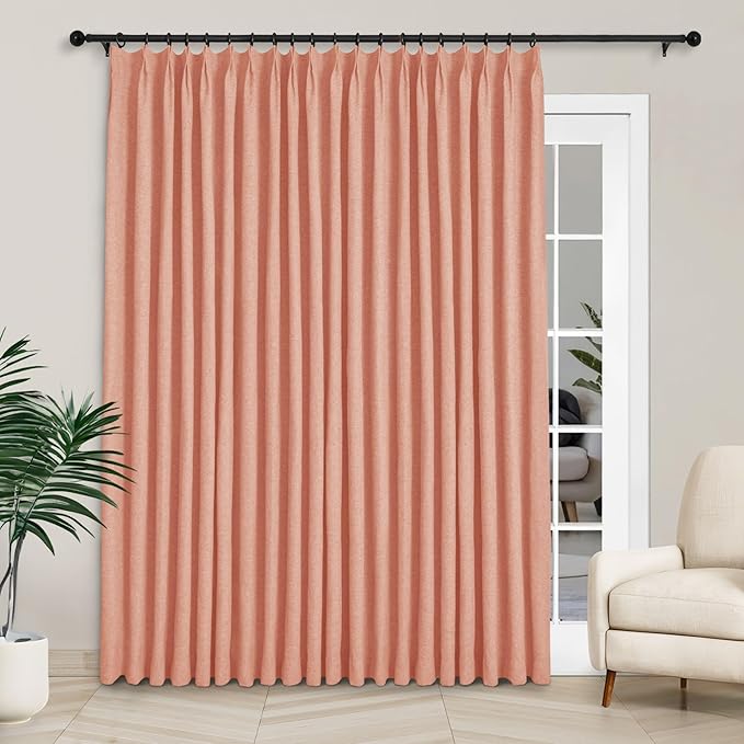 Macochico Extra Wide Full Blackout Linen Curtains for Sliding Door Orange Pinch Pleated Linen Curtains 96 Inches Long for Bedroom Living Room Farmhouse with Tieback 120”Wx96”L 1 Panel