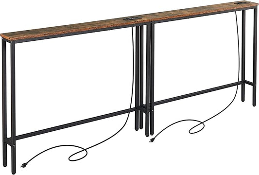 ELYKEN 2 Pack 5.9" Narrow Console Sofa Table with Power Outlets, 5.9" D x 39.4" W x 31.1" H Long Couch Table with Metal Frame and Charge Station with 6.5’ Extension Cord, Rustic Brown