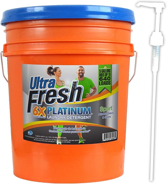 Ultra Fresh 5 Gallon Liquid Laundry Detergent Washing Soap for All Machine Types, 6X Platinum, Up to 640 Loads, Sport Odor & Stain Remover