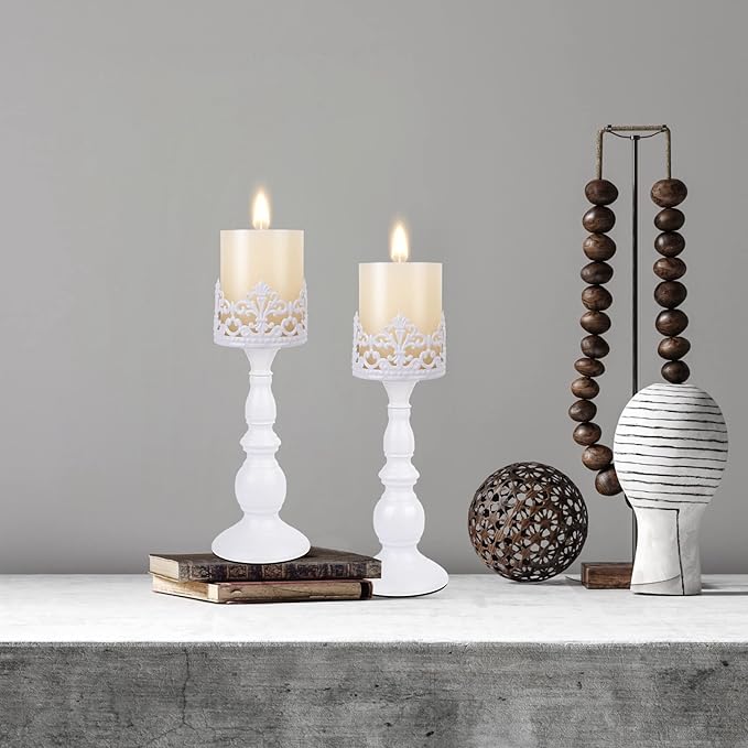 Candle Holders for Pillar Candles Gothic Matte Black Vintage Tall Candle Holders Set of 2 Decorative Large Table Centerpieces Candle Stand Decor (White 2PCS A)