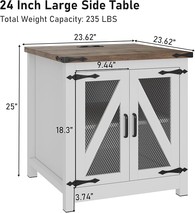 Farmhouse End Table, 24" Large Sofa Side Table with Charging Station, Mesh Barn Door, and Adjustable Storage Shelf, Rustic Wood Square Nightstand for Living Room, Bedroom, Office, White &Brown