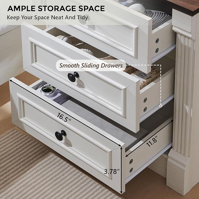 26" Tall Farmhouse Nightstand, 3 Drawers End Table w/Charging Station, 23.6" Wide Large Side Table w/Roman Column, Wood Rustic Sofa Table for Bedroom, White