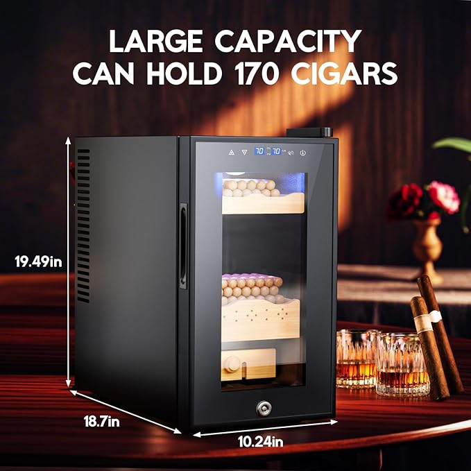 Electric Cigar Humidor Cabinet 25L, Tylza Electric Humidors for Cigars with Temp & Humidity Control, Digital Hygrometer, Lock, Refrigerator, Cigar Humidors with Cedar Wood Drawer Shelves, 170 Cigars