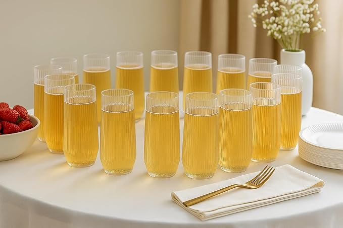 24 Pack Ribbed Ripple Stemless Toasting Glasses, Origami Durable 9 Oz BPA-Free Disposable Plastic Champagne Flutes for Weddings, Bars, Events, and Celebrations (Clear)