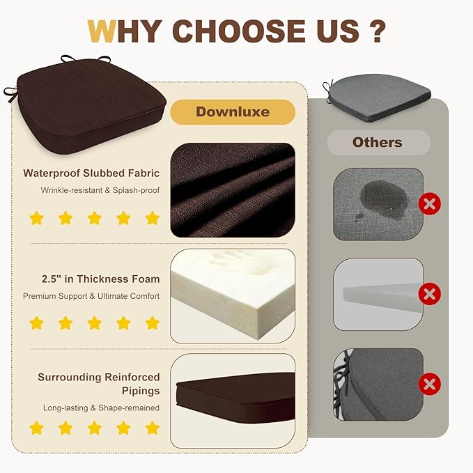 downluxe Chair Cushions for Dining Chairs, Waterproof Kitchen Chair Pads, Non-Slip Dining Seat Cushion with Ties, 17" x 16" x 2.5", Brown, 6 Pack