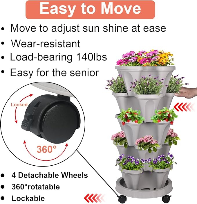 Vertical Planter 5 Tier Stackable Planters Garden Planters Strawberry Herb Flower and Vegetable Planter Indoor Outdoor Gardening Pots with Removable Wheels and Tools 2-Pack