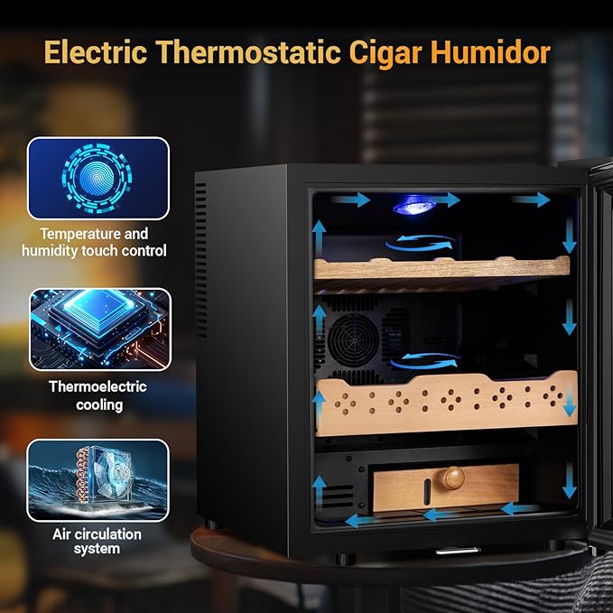 Electric Humidor for Cigars, 50L 300 Counts Large Capacity Thermostatic Desktop Humidor Cabinet with Digital LED Screen, Safety Lock,Smart Humidity & Temp Control, Gifts for Men
