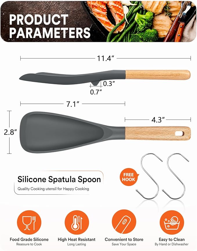 Cooking Spoon for Nonstick Cookwares, Great for Cooking and Serving Sturdy BPA-Free Matte Silicone, Wood Handle Spoon for Mixing, Scoop, and Scrape (2 Pack of Grey, 11.4 inch)