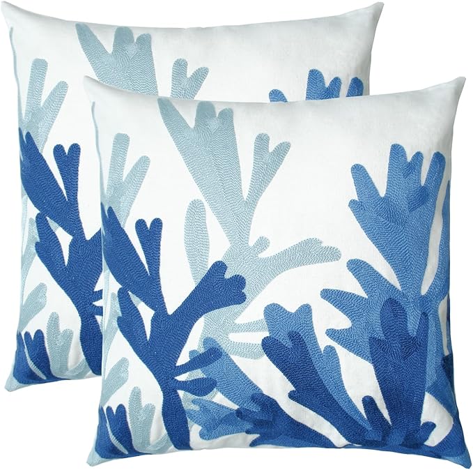 Embroidered Decorative Throw Pillow Cover, 18"x18" Set of 2, Farmhouse Pillowcase Blue Corals Knit Pattern Cotton Canvas Cushion Case Square Floral Pillow Case for Sofa Couch Bed Living Room