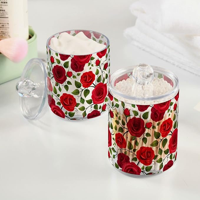 2 Pack Qtip Holder Dispenser Red Rose Flowers Bathroom Storage Canister Lid Acrylic Plastic Apothecary Jar Set Vanity Makeup Organizer for Cotton Swab/Ball/Round Pads, Floss