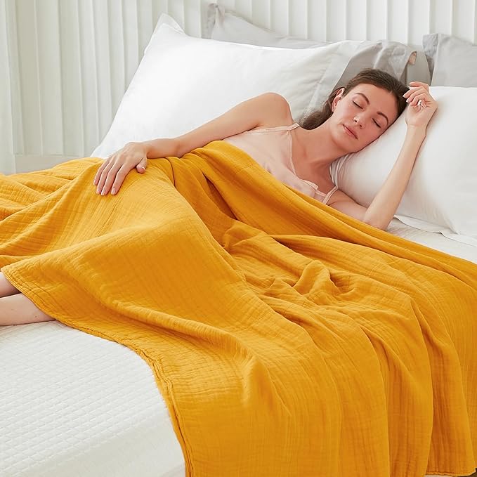 EMME Cotton Throw Blanket for Couch Soft Muslin Blankets 50"x60" Lightweight Breathable Blanket All Season Gauze Blanket, Mustard Yellow