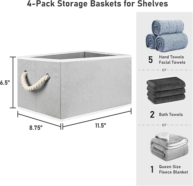 Closet Storage Bins, Linen Closet Organizers and Storage Basket for Shelves, Collapsible Shelf Baskets for Organizing Shelves, Bedroom Clothes Basket, Gray, 3 Pack