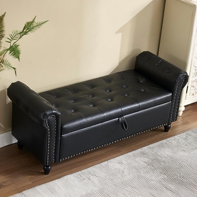 Furniliving 55” End of Bed Bench, Bedroom Bench with Button-Tufted, Large Upholstered Storage Ottoman Benches Entryway Bench with Storage Shoe Cabinet Bench, for Bedroom, Living Room, PU, Black