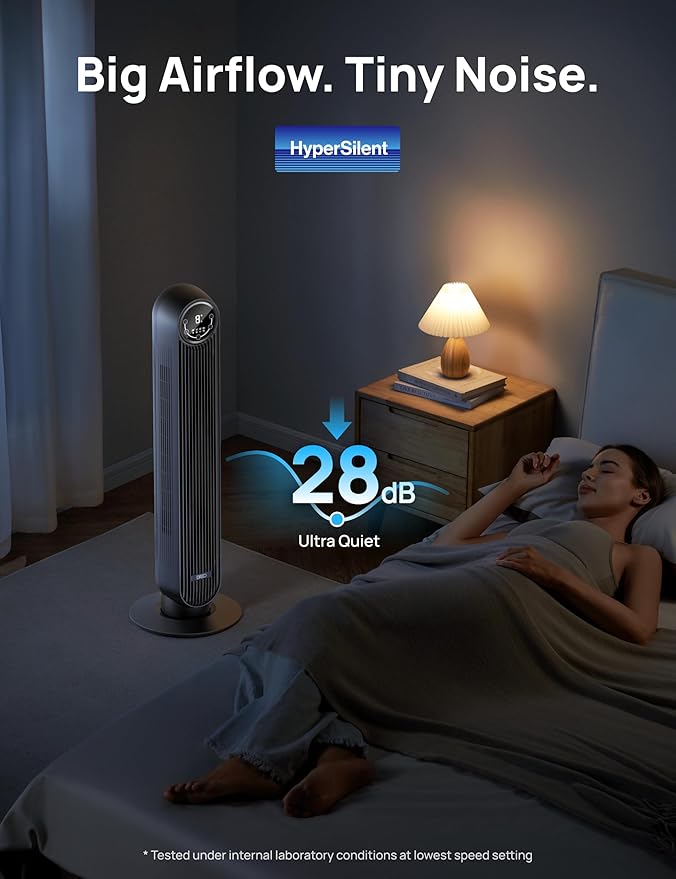 Dreo Tower Fan for Bedroom, Smart Oscillating Quiet Floor Fans, Standing Bladeless Fan with Remote and WiFi Voice Control, 4 Modes, 4 Speeds, 8H Timer, 28dB, Works with Alexa/Google