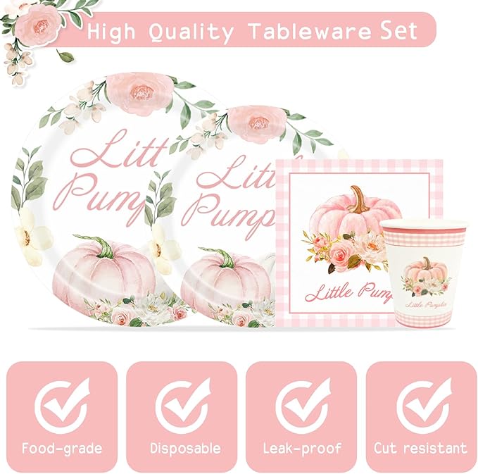 Aukolass Pumpkin Party Supplies Tableware Set - Fall Theme Party Decorations Including Plates, Napkins and Cups for Pumpkin Birthday and Baby Shower Party, Serves 24 Guests (pink)