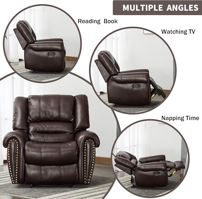 CANMOV Leather Recliner Chair, Classic and Traditional Manual Recliner Chair with Comfortable Arms and Back Single Sofa for Living Room, Brown