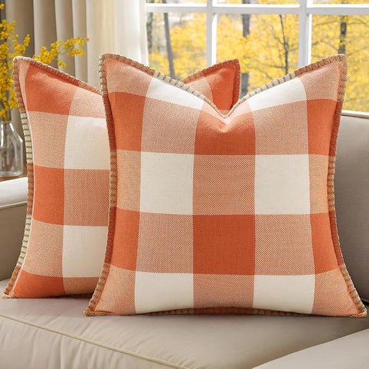 decorUhome Fall Orange and White Decorative Throw Pillow Covers 22x22 Set of 2, Buffalo Plaid Check Farmhouse Cushion Covers with Stitched Edge for Autumn Harvest Couch Sofa Bed Home Decor