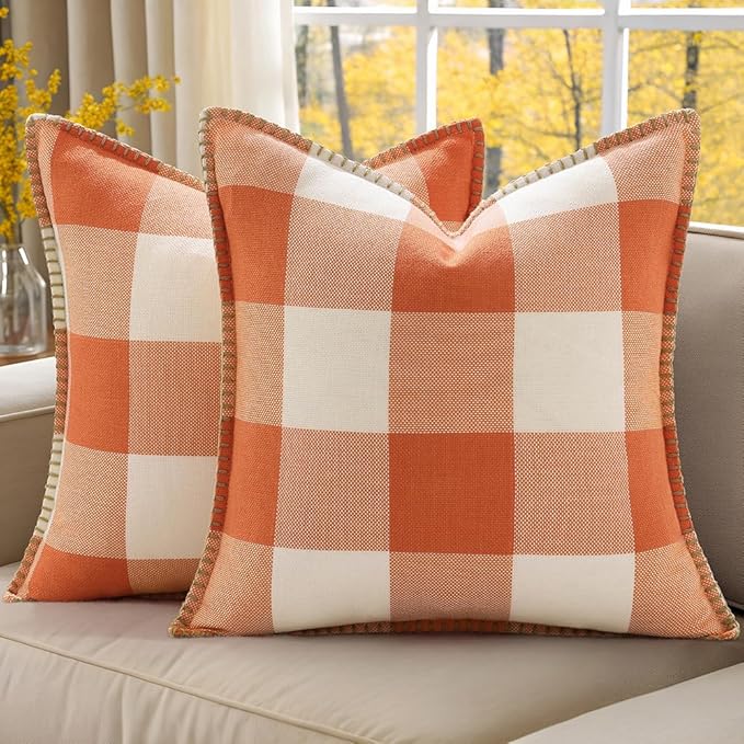decorUhome Fall Orange and White Decorative Throw Pillow Covers 20x20 Set of 2, Buffalo Plaid Check Farmhouse Cushion Covers with Stitched Edge for Autumn Harvest Couch Sofa Bed Home Decor