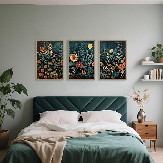 Celestdeco Vintage Dark Botanical Framed Canvas Wall Art Set, Colorful Floral Wall Decor, Nature Wildflower Wall Painting, Colorful Blossom Art Prints for Living Room, Bedroom, Office - 24"X36"X3